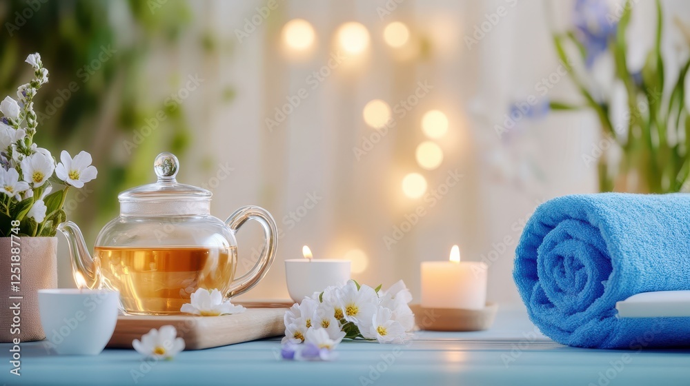 Relaxation Ritual:  A tranquil spa setting with a glass teapot of herbal tea, two white candles, and a rolled blue towel set against a backdrop of soft light and floral arrangements.