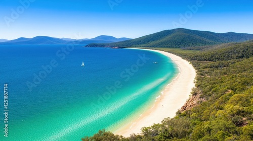 Wallpaper Mural Whitehaven Beach Paradise: An aerial view of a breathtaking white sand beach stretching along a turquoise coastline, nestled amidst lush green hills and sparkling blue water. Torontodigital.ca