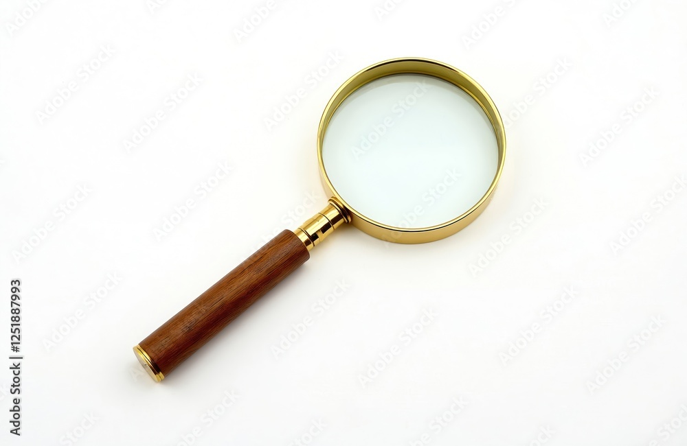 Magnifying glass with golden frame and brown handle over white. Tool used for search and discovery. It is used to inspect zoom examine and enlarge objects. Magnifying glass with golden frame and brown handle over white. Tool used for search and discovery. It is used to inspect zoom examine and enlarge objects.
