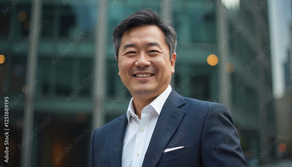 Smiling Asian businessman stands outside office building. Man looks at the camera with confidence and charm. Leader poses in city location. Middle aged pro wearing suit. Smiling Asian businessman stands outside office building. Man looks at the camera with confidence and charm. Leader poses in city location. Middle aged pro wearing suit.