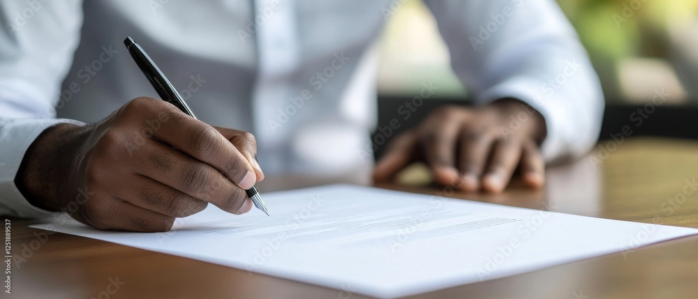 person writing on blank document with pen, showcasing focus and professionalism. person writing on blank document with pen, showcasing focus and professionalism.