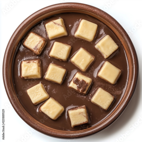 Overhead view of Chocolate Fondue, isolated on white, photorealistic food photo