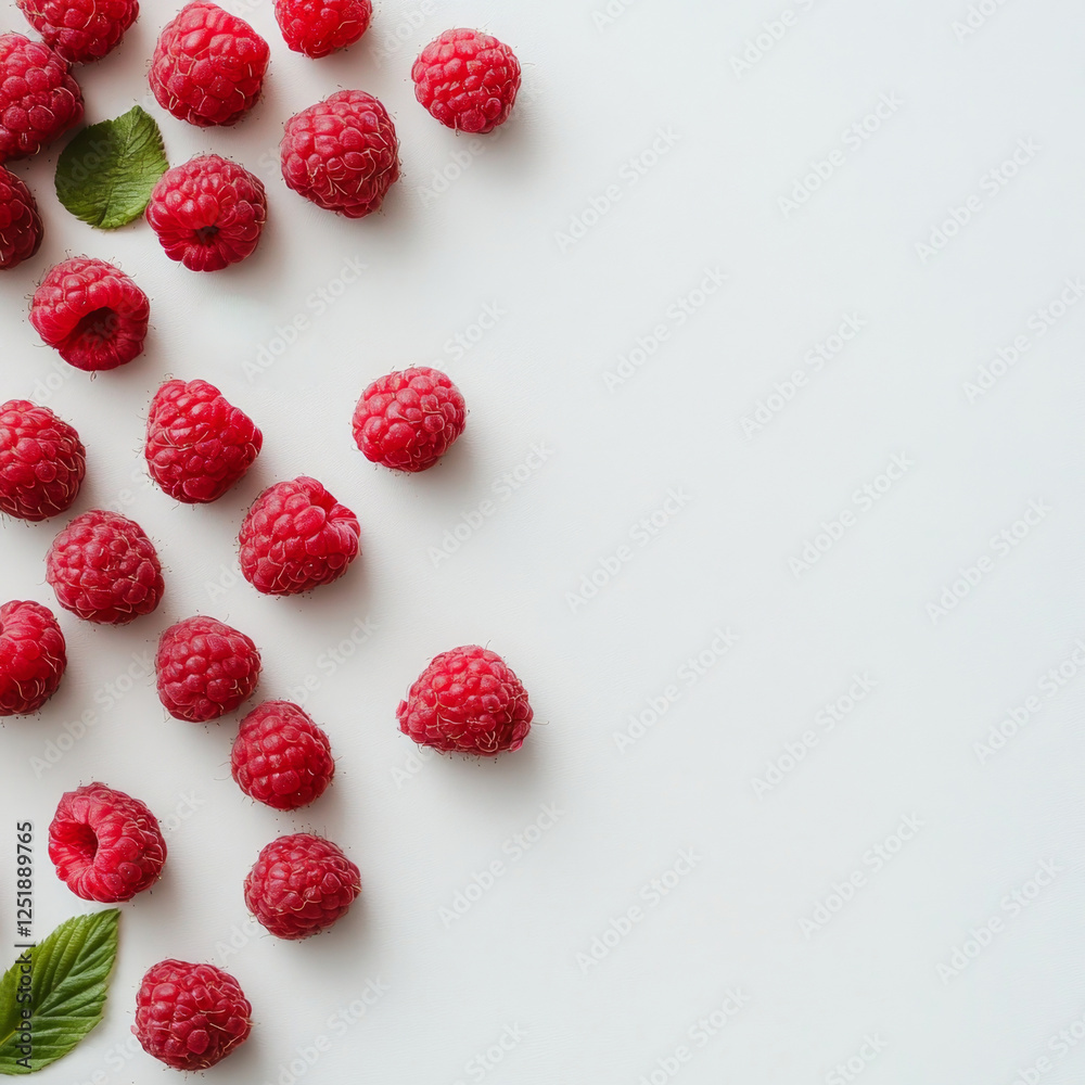 Fresh raspberries scattered on a white background with green leaves placed among them, showcasing their vibrant color and texture Fresh raspberries scattered on a white background with green leaves placed among them, showcasing their vibrant color and texture