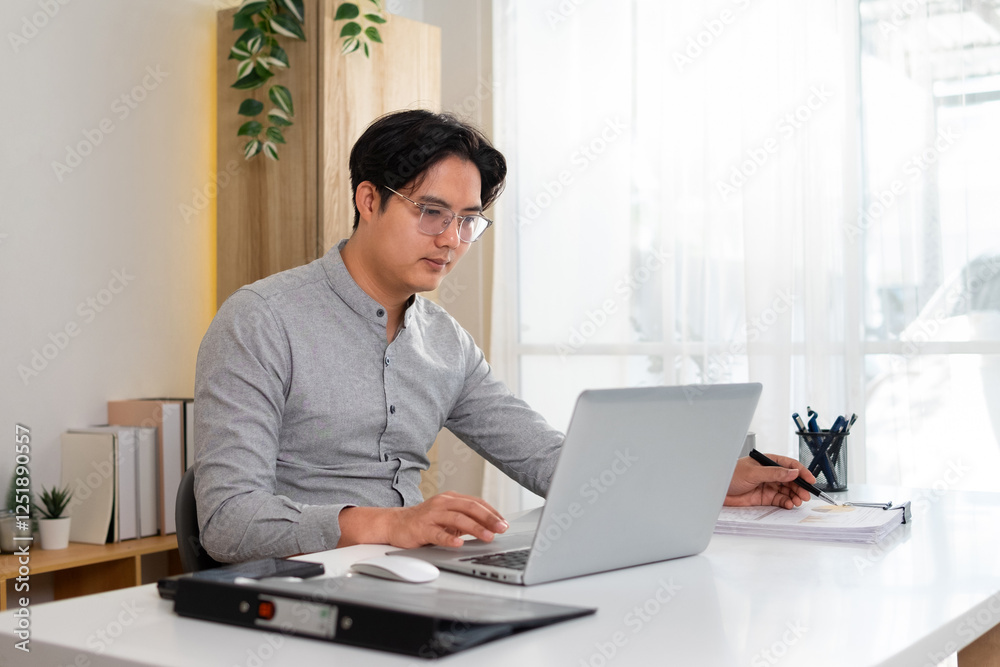 Young man doing online paperwork on laptop Young man doing online paperwork on laptop
