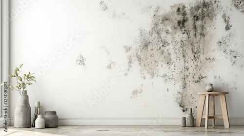 Minimalist living room interior with mold on walls and decorative vases on stool, causing household allergy issues