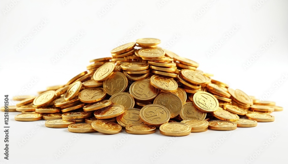 3D illustration of gold coins pile isolated on white background. Shiny golden metal money with detailed surface, emblems. Bank savings, investment or wealth concept, financial growth, prosperity. 3D illustration of gold coins pile isolated on white background. Shiny golden metal money with detailed surface, emblems. Bank savings, investment or wealth concept, financial growth, prosperity.