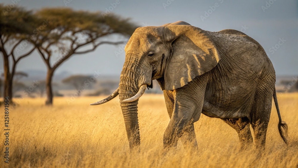 Obraz premium A breathtaking hyper realistic photograph of an African Bush Elephant standing in golden savanna AI Generative