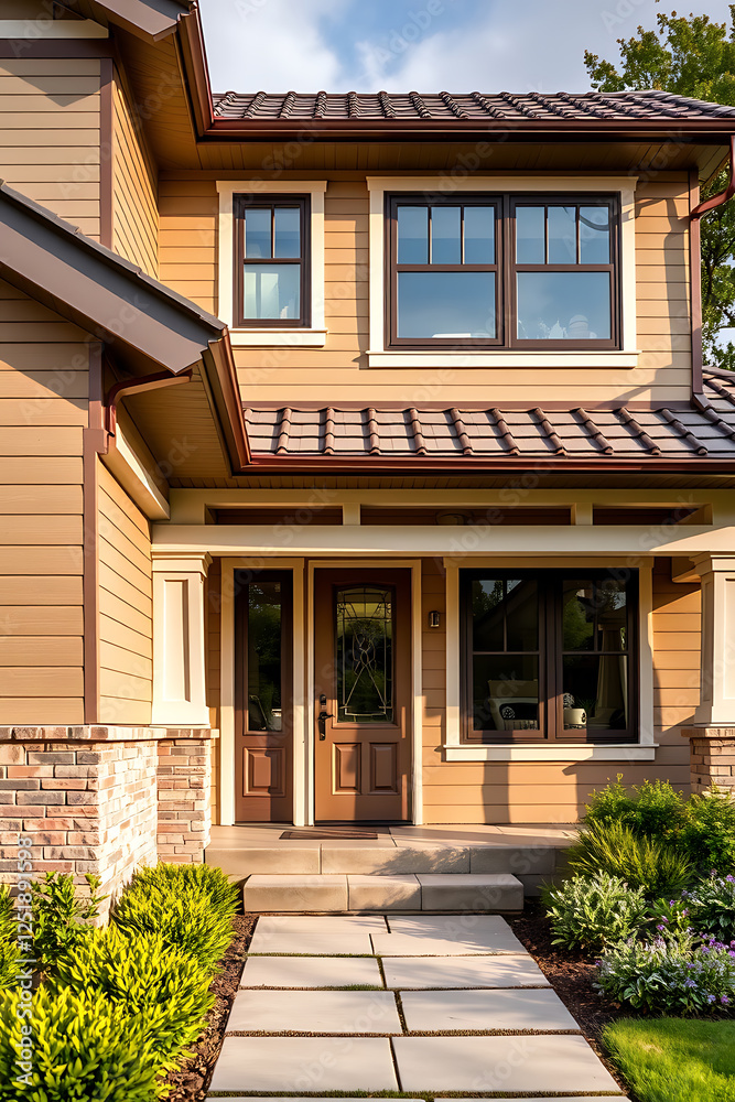 A Charming Suburban Home with a Well-Landscaped Entrance and a Classic Design A Charming Suburban Home with a Well-Landscaped Entrance and a Classic Design
