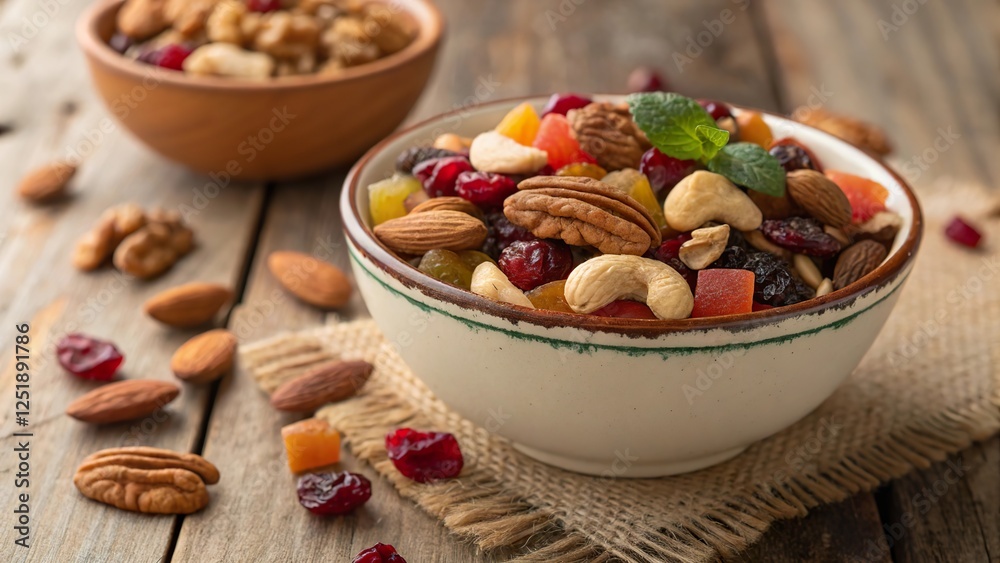Mixed nuts and dried fruit create a vibrant and healthy snack in a rustic bowl on a wooden table Mixed nuts and dried fruit create a vibrant and healthy snack in a rustic bowl on a wooden table