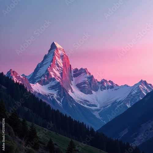 Soft pink alpenglow fills mountain landscape at dusk, illumination, hue