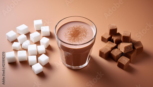 a glass of chocolate milkshake and its equivalent in sugar cubes arranged on a solid colored background