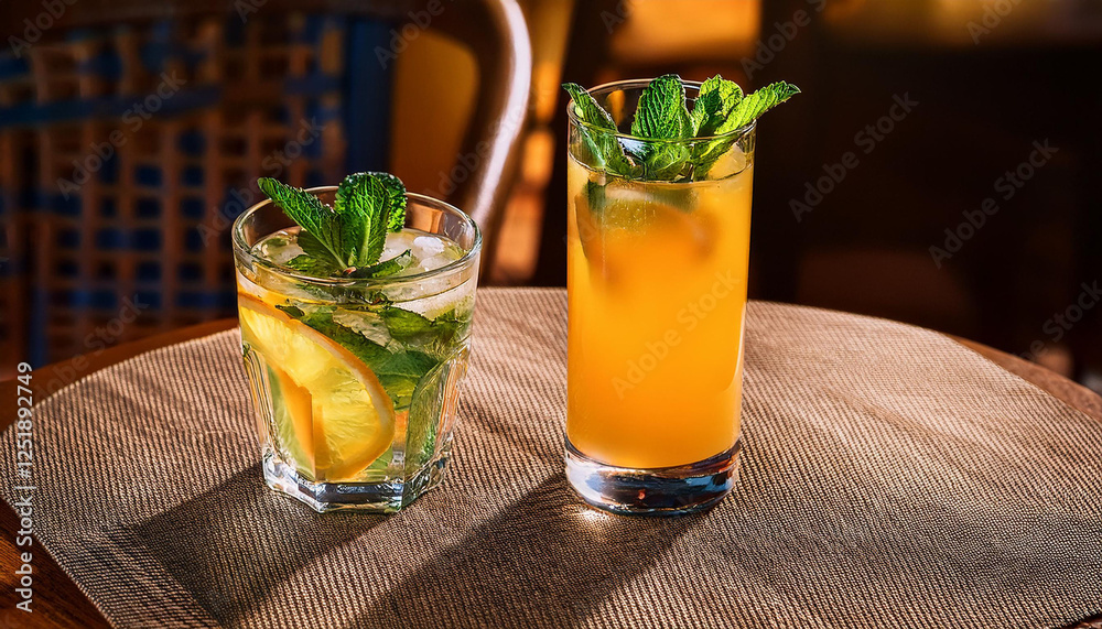 Fototapeta premium glass of lemonade with green mint leaves and drink with orange juice on the table in a restaurant