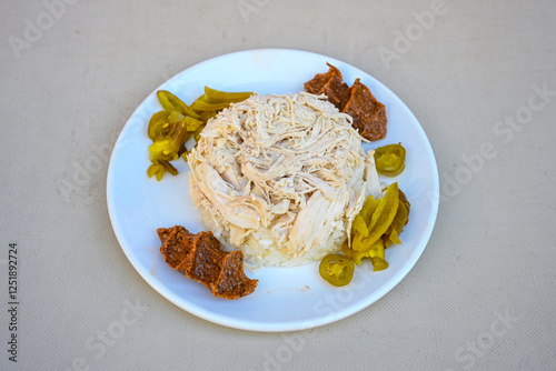 Traditional delicious Turkish food; Turkish style rice pilaf (Turkish name; Arpa sehriyeli. tavuk, kuru fasulyeli, pirinc pilavi). Cigerli, kavurmali, tereyagli nohut pilav.
 photo