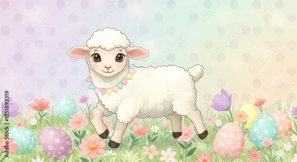Adorable Lamb in Spring Meadow Polka dots - Cute cartoon lamb surrounded by colorful Easter eggs and spring flowers. Symbolizes spring, new life, innocence, Easter, and joy.