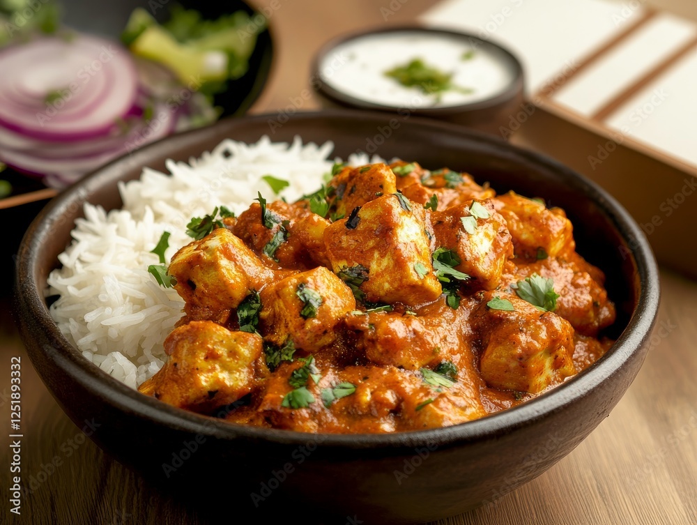 Delicious chicken curry served with rice, garnished with fresh herbs Delicious chicken curry served with rice, garnished with fresh herbs