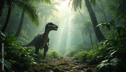 Dinosaur stands in jungle. Big predator reptile in nature. Prehistoric era landscape with trees and sun. Concept render of ancient animal. Wildlife in park. Green forest scenic. photo