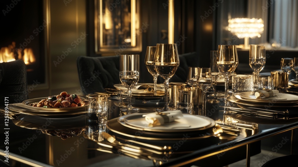 Luxurious Modern Dining Table Setting with Golden Accents and Elegant Decor Luxurious Modern Dining Table Setting with Golden Accents and Elegant Decor