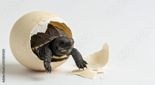 Baby Turtle Hatching from Egg - A tiny turtle emerges from its eggshell, symbolizing new life, growth, fragility, determination, and freedom. photo
