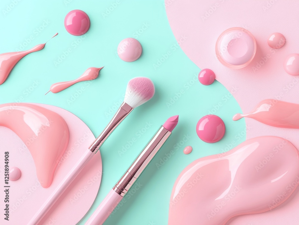 Vibrant flat lay scene featuring makeup brushes and pink liquid cosmetics Vibrant flat lay scene featuring makeup brushes and pink liquid cosmetics