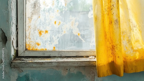 Sunlight streaming through moldy window with yellow curtain in abandoned room, highlighting potential allergy risk