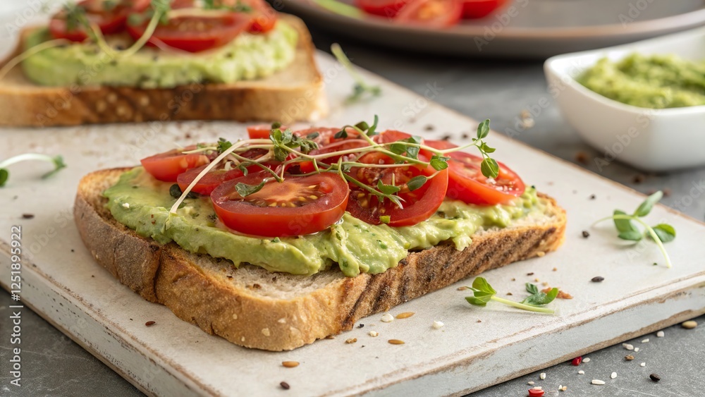 Savoring healthy avocado toast with fresh tomatoes on whole grain bread Savoring healthy avocado toast with fresh tomatoes on whole grain bread