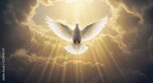 Divine Dove in Heavenly Light - A white dove, symbol of peace, hope, spirit, purity, and faith, soars through radiant heavenly light.  Serene, spiritual image. photo