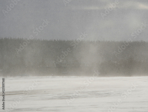 heavy snowfall with wind gusts making a hazy air photo