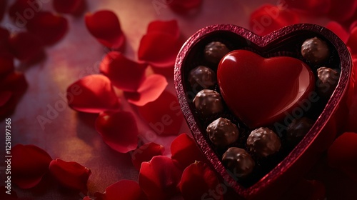 Luxury Valentine’s Day Chocolate Box with Red Roses and Gourmet Truffles in Elegant Setting