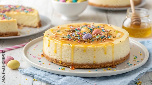 Delicious easter cottage cheese cheesecake drizzled with honey and topped with colorful sprinkles and mini eggs photo