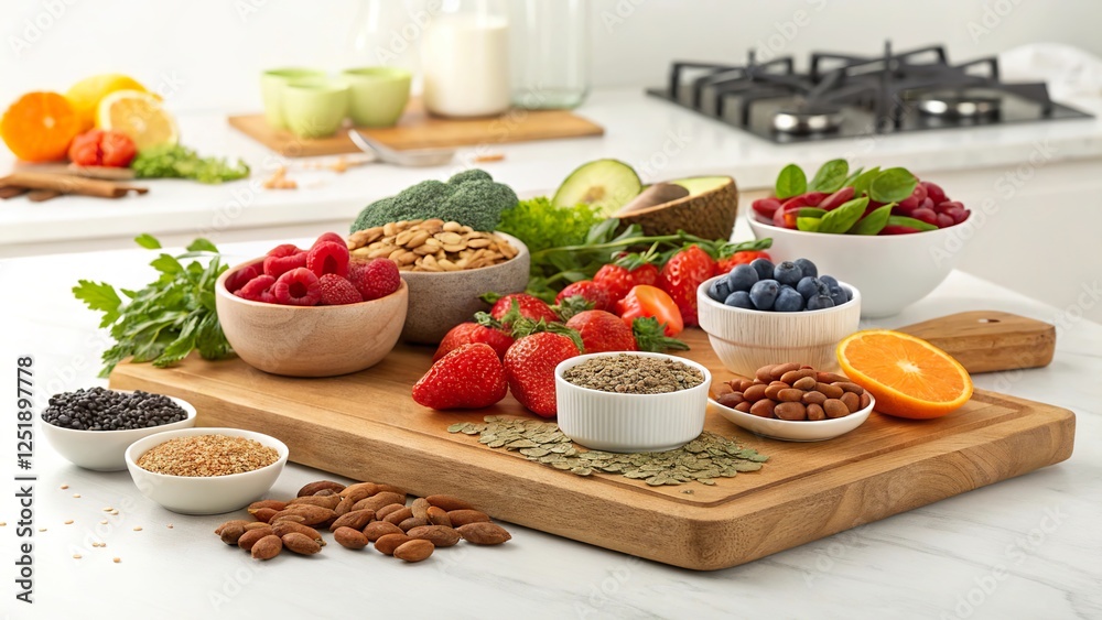 Discover a variety of superfoods and healthy snacks arranged beautifully on a kitchen countertop Discover a variety of superfoods and healthy snacks arranged beautifully on a kitchen countertop