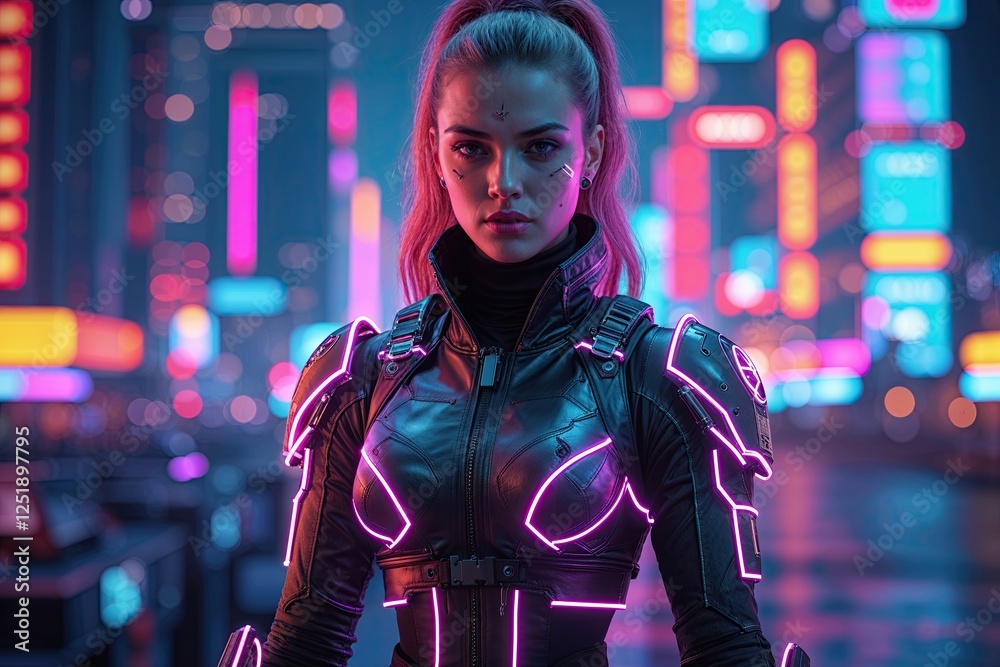 Fototapeta premium Neon Armor Cyberpunk Huntress in Vibrant Cityscape Background
