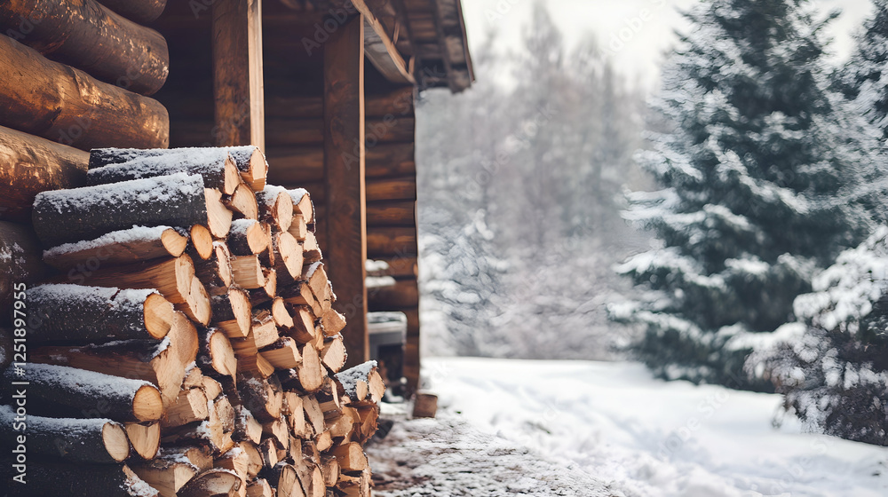 A pile of firewood stacked neatly outside a rustic cabin, surrounded by fresh snow and evergreen branches A pile of firewood stacked neatly outside a rustic cabin, surrounded by fresh snow and evergreen branches