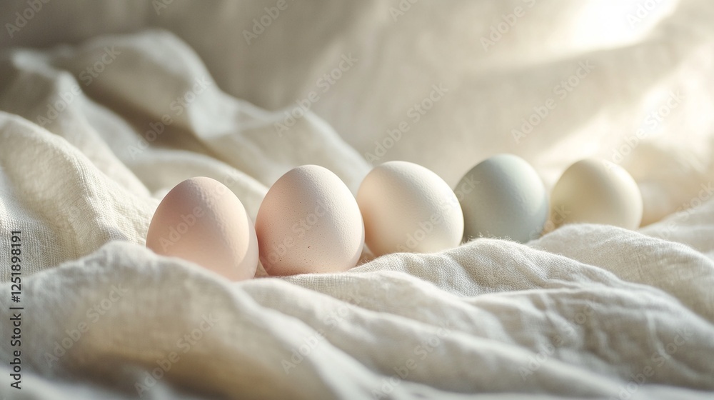 Elegant Pastel Easter Eggs on Textured Linen Fabric – Soft and Minimalist Holiday Background Elegant Pastel Easter Eggs on Textured Linen Fabric – Soft and Minimalist Holiday Background