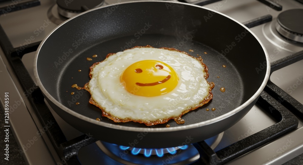 Happy Fried Egg Breakfast - A sunny-side-up egg with a smiley face yolk cooking in a frying pan, symbolizing happiness, breakfast, food, joy, and a positive start to the day. Happy Fried Egg Breakfast - A sunny-side-up egg with a smiley face yolk cooking in a frying pan, symbolizing happiness, breakfast, food, joy, and a positive start to the day.