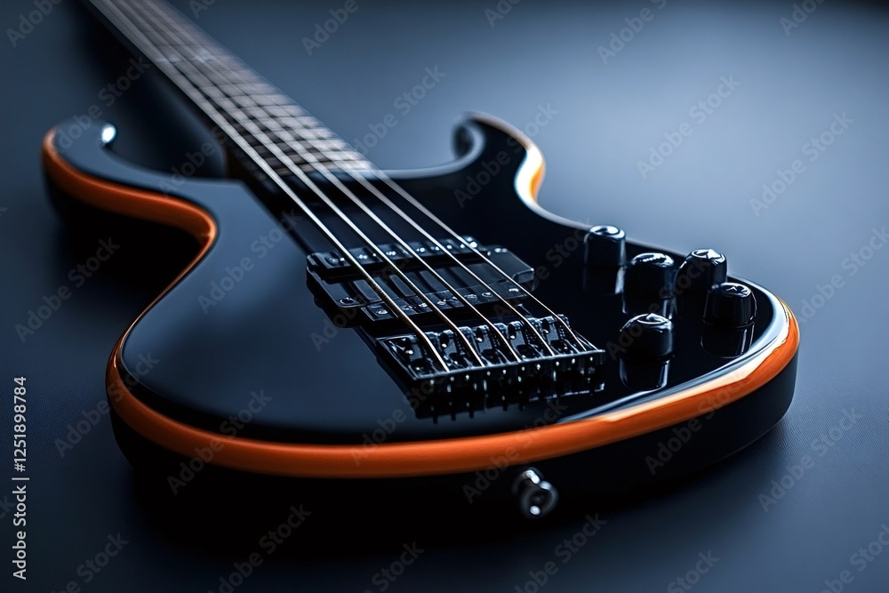 Fototapeta premium Close-up view of an electric bass guitar featuring a glossy black body and orange accents. The strings, knobs, and bridge are prominently displayed, highlighting its modern design