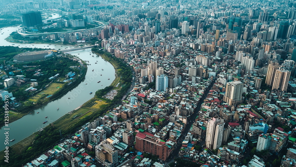 Fototapeta premium Top view of Taipei, Taiwan city, river running through the city, mix of modern skyscrapers, old buildings, and green parks