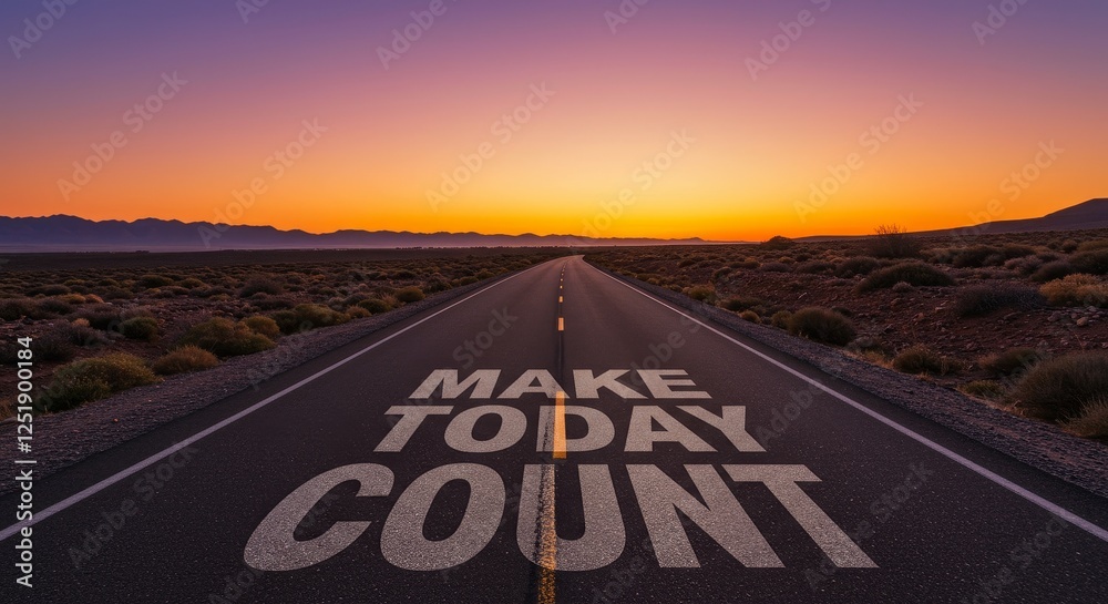 Naklejka premium Make Today Count: Road to Success - Motivational image of a road at sunset with the words