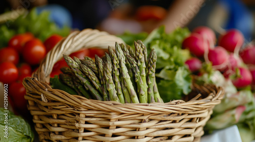 A woven basket filled with fresh green asparagus sits on a table surrounded by vibrant red tomatoes, leafy greens, and crisp radishes at a bustling farmers market during spring