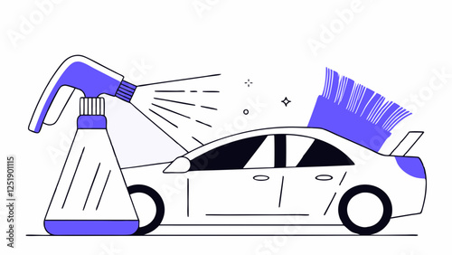 A sleek car is depicted alongside a large spray bottle and a brush, symbolizing car washing and cleaning. The use of a simple color palette emphasizes the tools and the car design.AI