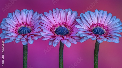 Three pink gerbera daisies in vibrant purple background. Close up shot. Stock photo for floral designs and backgrounds photo