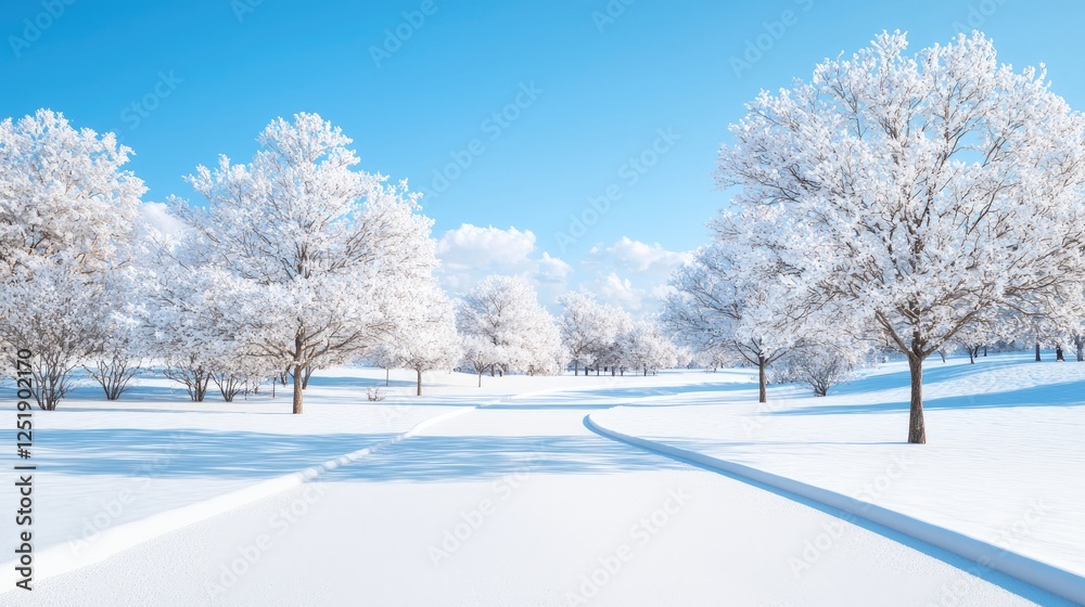 Snowy path, winter park, sunny day, calm scene, winter landscape Snowy path, winter park, sunny day, calm scene, winter landscape