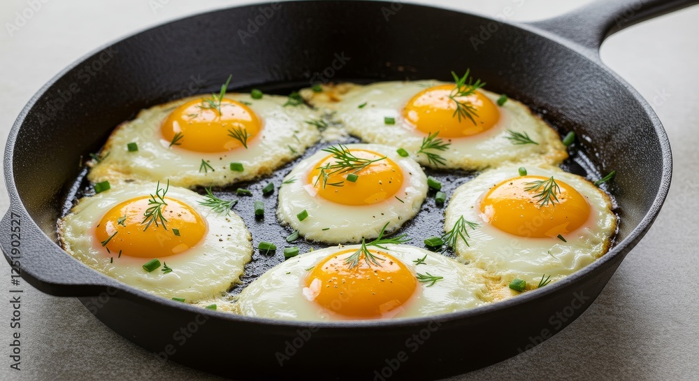 Sunny Side Up Eggs in Cast Iron Skillet - Six perfectly cooked sunny side up eggs in a cast iron skillet, garnished with fresh herbs. Symbolising: breakfast, freshness, simplicity, wholesomeness Sunny Side Up Eggs in Cast Iron Skillet - Six perfectly cooked sunny side up eggs in a cast iron skillet, garnished with fresh herbs. Symbolising: breakfast, freshness, simplicity, wholesomeness