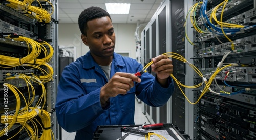 Wallpaper Mural Technician Working on Server Network Cables - A focused technician meticulously connects fiber optic cables in a server room, symbolizing technology, connectivity, precision, expertise, and progress. Torontodigital.ca