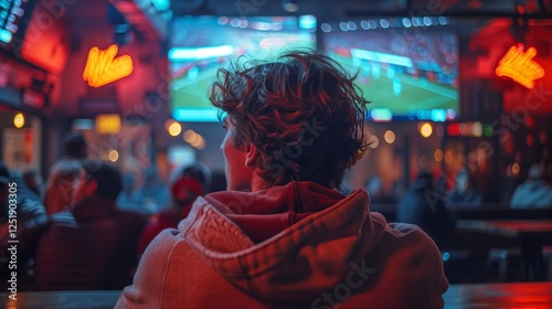 man in his late thirties is in the back watching the Super Bowl on TV with friends at a bar, surrounded by people and in front of him a large screen showing a football game in a cinematic style photo