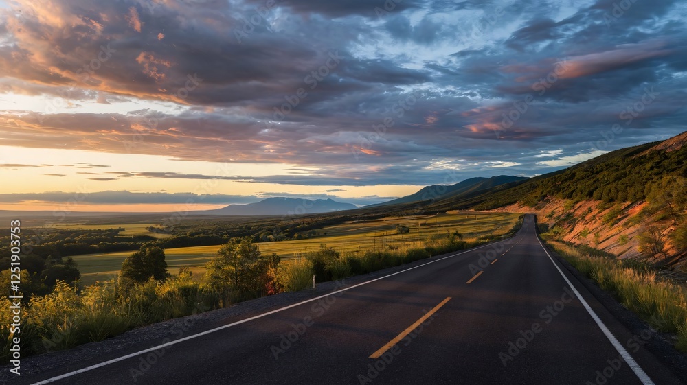 Naklejka premium Endless Scenic Highway Through Rolling green mountains with sky clouds and natural landscape at sunrise