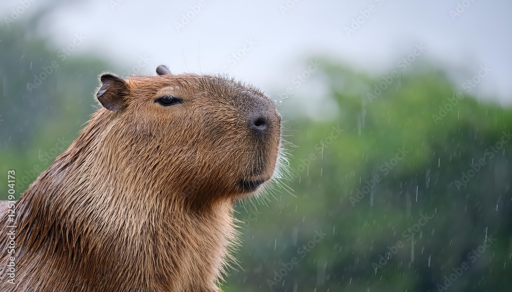A tranquil capybara sits peacefully while rain falls around it, its fur dotted with water droplets. The creature gazes upward, embodying calmness amid a lush green background A tranquil capybara sits peacefully while rain falls around it, its fur dotted with water droplets. The creature gazes upward, embodying calmness amid a lush green background