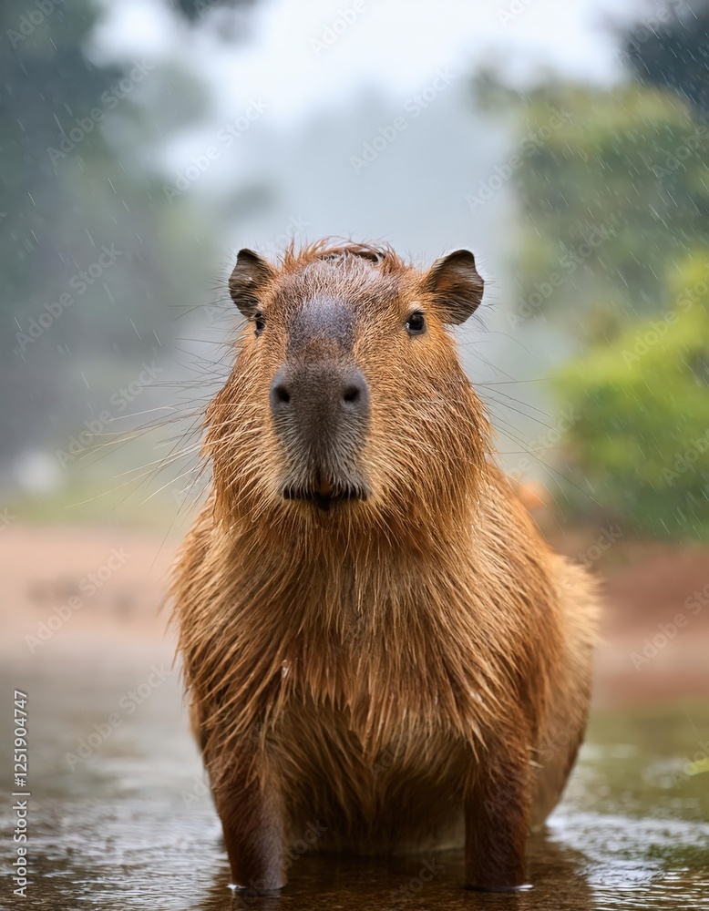 A solitary capybara stands gracefully in a light rain, its fur glistening as it absorbs the refreshing droplets. The lush backdrop enhances the tranquility of the moment A solitary capybara stands gracefully in a light rain, its fur glistening as it absorbs the refreshing droplets. The lush backdrop enhances the tranquility of the moment