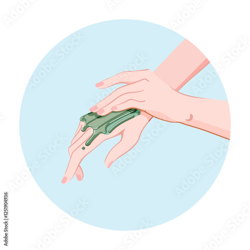 Blue cosmetic clay application for hand skin care. A cosmetic beauty treatment for the fingernails and hands. Spa routine icon for infographics, presentations, web design, poster, banner. Modern flat