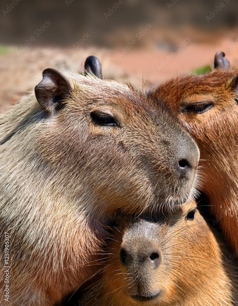 Several capybaras are cuddled closely, their soft fur blending as they enjoy each other’s warmth in a serene natural setting. This display of bonding highlights their friendly behavior Several capybaras are cuddled closely, their soft fur blending as they enjoy each other’s warmth in a serene natural setting. This display of bonding highlights their friendly behavior