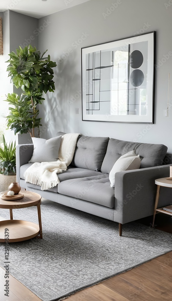 living couch room modern gray cozy interior sofa living room modern living interior lounge armchair artwork black brown carpet chandelier comfortable couch cosy homely rug settee fern houseplant